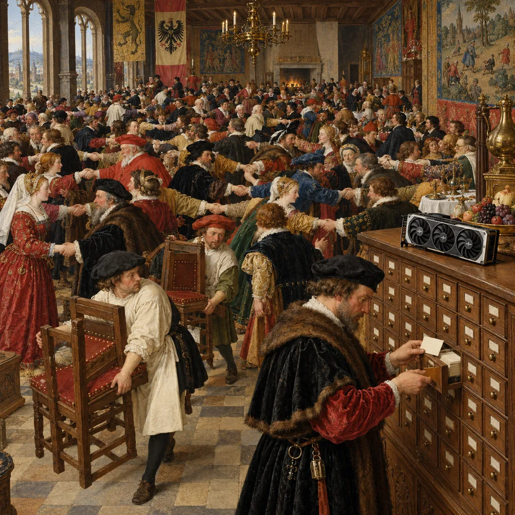 A Bruegel-style banquet hall where every guest tries to shake hands with every other guest in a tangle of arms, while a steward files a card for each new arrival in a cabinet of tiny drawers topped by a graphics card.