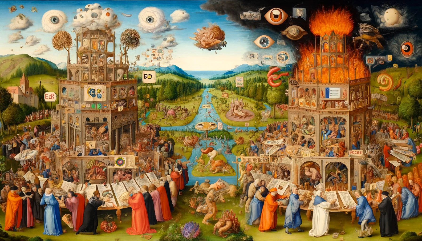 A highly detailed, allegorical artwork featuring two grand towers symbolizing UTM tagging in digital marketing. The left tower represents structured, well-managed tagging, adorned with clear symbols and productive collaboration, while the right tower depicts chaotic mismanagement, with fire and confusion engulfing it. Between the towers lies a river flowing through a lush landscape, representing the potential for clarity and successful tracking when UTM tagging is correctly implemented. The scene is bustling with activity, showing scholars, marketers, and creatives either benefiting from structured UTM usage or struggling with its absence.
