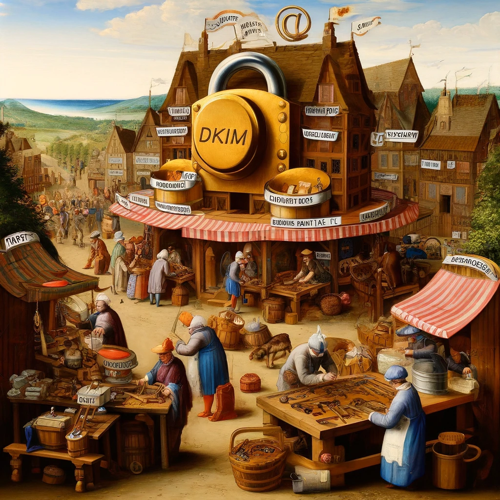 A vibrant medieval marketplace bustling with activity, showcasing merchants and craftsmen at work. At the center stands a prominent building adorned with a massive golden padlock labeled DKIM, symbolizing secure email authentication. Surrounding the scene are banners featuring email-related symbols and terms, emphasizing the importance of security in communication. The detailed market setting highlights collaboration and trust within a safeguarded environment.