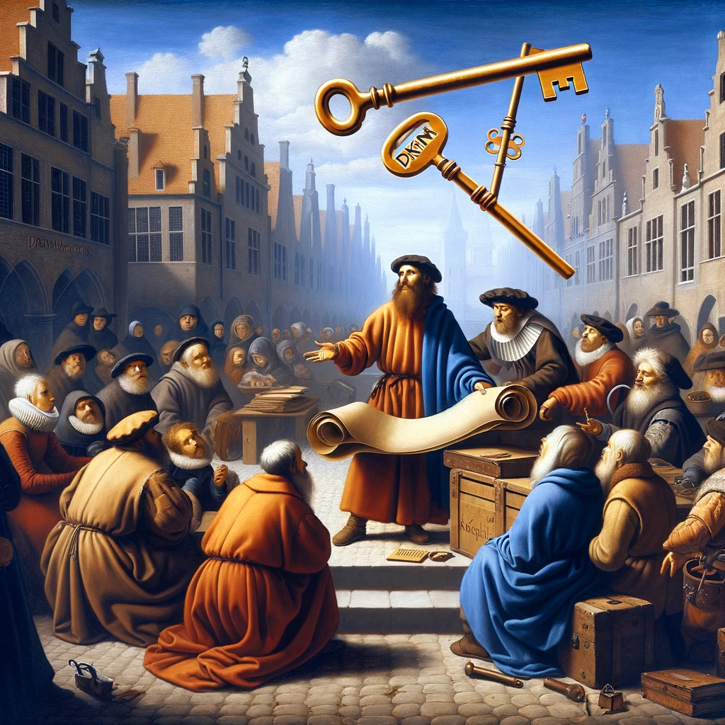 A Renaissance-era scene depicting a scholar in vibrant robes standing in a bustling town square, addressing an attentive crowd while holding an unrolled parchment. Above the scene, two golden keys labeled DKIM float prominently, symbolizing cryptographic keys and authentication. The background features historic architecture and townsfolk engaged in various activities, emphasizing the dissemination of knowledge and trust within a secure framework.