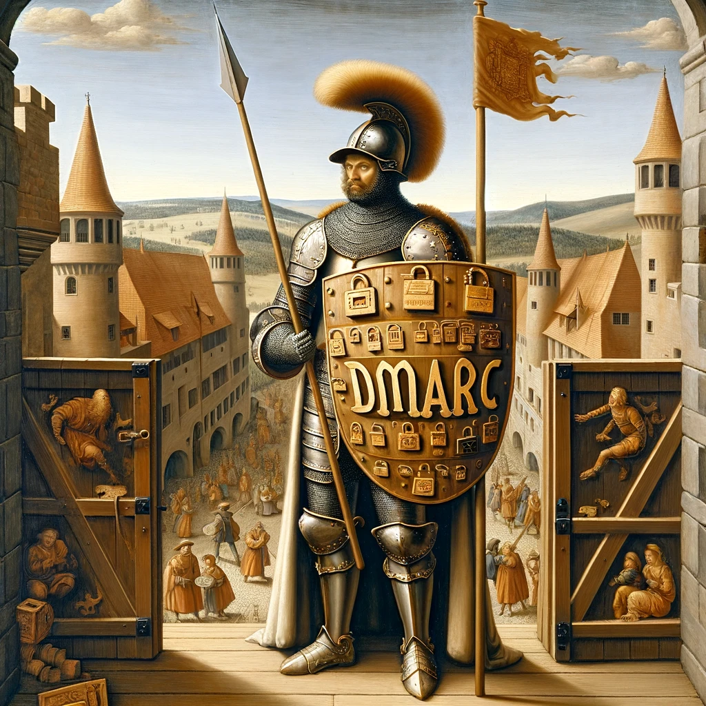 A medieval knight in full armor stands at the gates of a fortified castle, holding a lance and a shield emblazoned with the word "DMARC" and various lock icons, symbolizing security. The background features a bustling village scene with townsfolk and detailed architectural elements, including towers and gates. The scene conveys the concept of protection and defense in a symbolic and historic style.