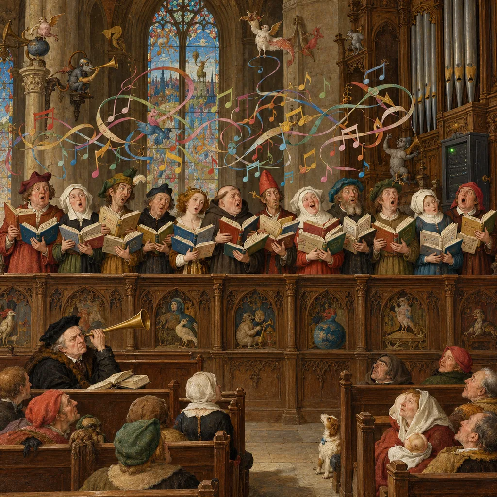 A Bosch-style church loft where a row of choir singers each sing from several songbooks at once, coloured notes tangling above them, while a scholar below listens to one singer through an ear trumpet and a server cabinet blinks by the organ.