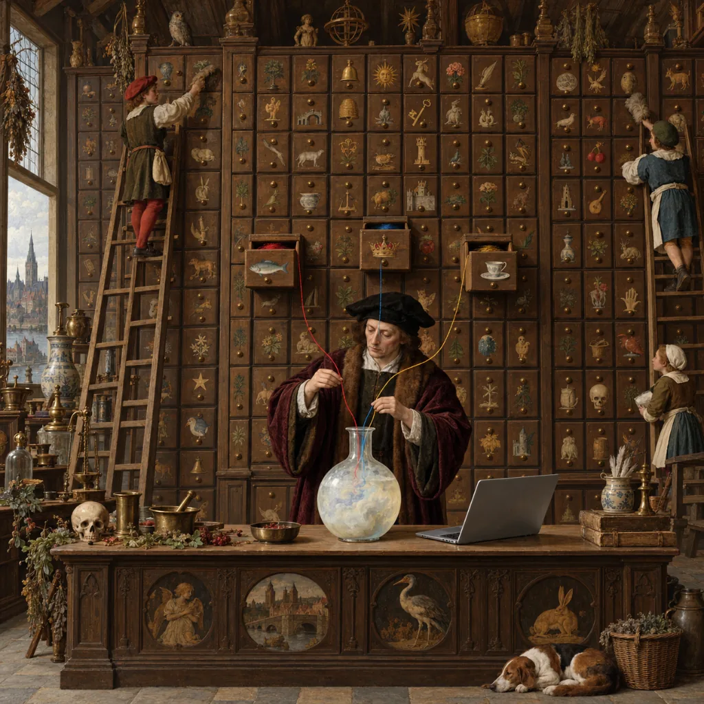 A Flemish-style apothecary where a clerk stands before a towering wall of tiny pictogram drawers, with only three drawers open and threads running from them into one cloudy flask on the counter beside a laptop.
