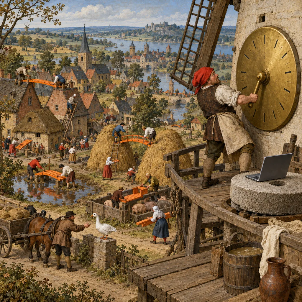 A Bruegel-style village seen from a hill, where a miller turns a huge brass dial on a windmill and every villager below builds small orange bridges over puddles, haystacks and rooftops, while a laptop sits on a millstone.
