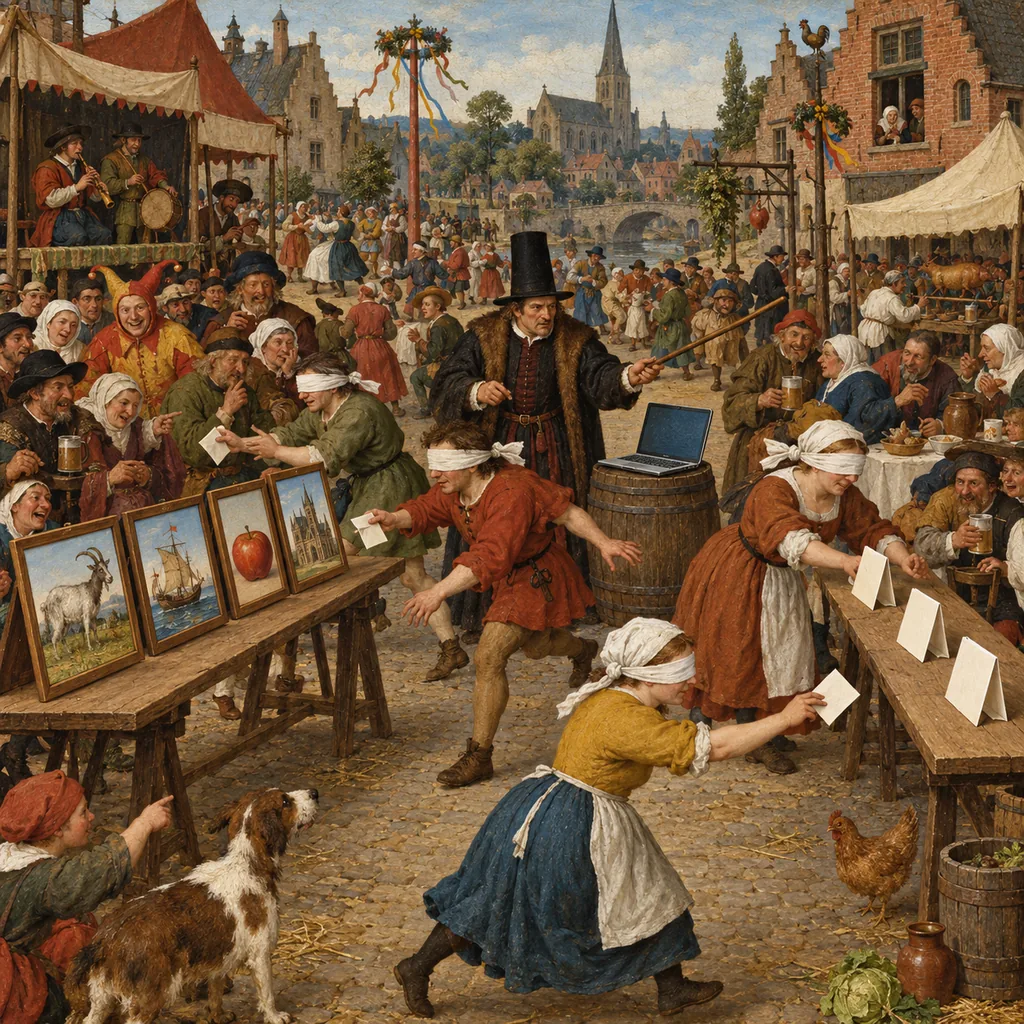 A crowded Flemish-style village fête where blindfolded villagers race between a table of small paintings and a table of paper slips, pairing them up, while a judge in a tall hat separates the wrong pairs and a laptop sits on a barrel.