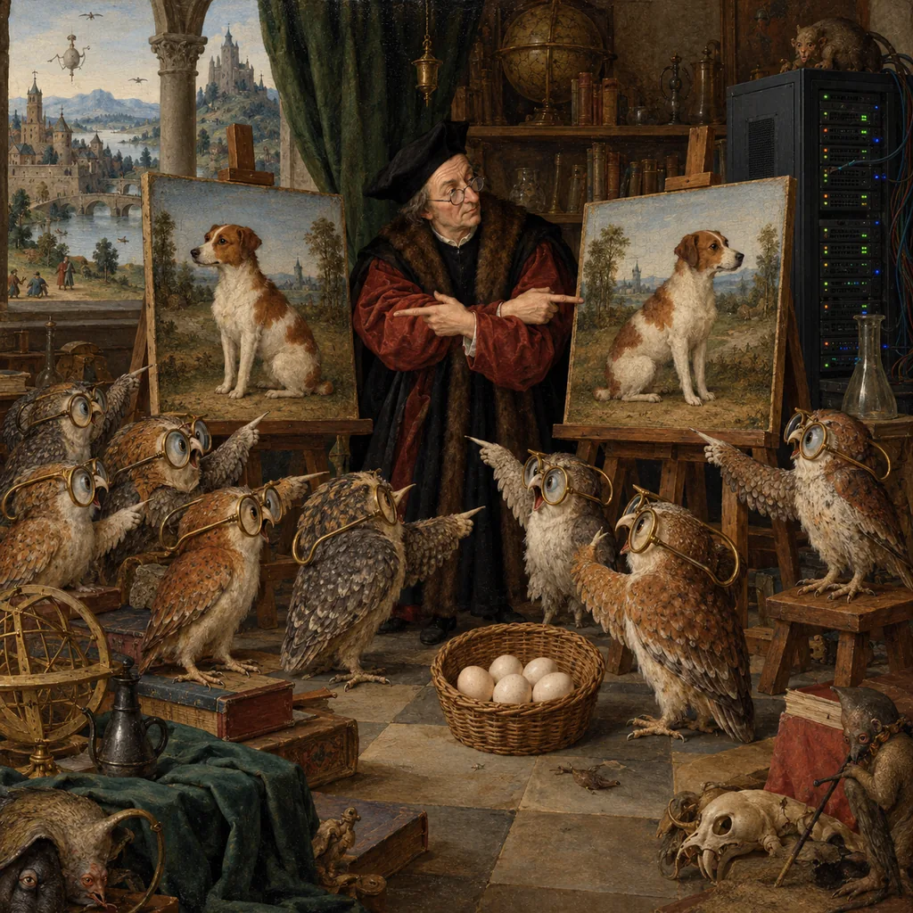 A Bosch-style scene where a spectacled doctor studies two paintings of a dog, one facing left and one facing right, and declares them the same, while owl-like creatures point out the difference and a basket of eggs sits on the floor near a server rack.