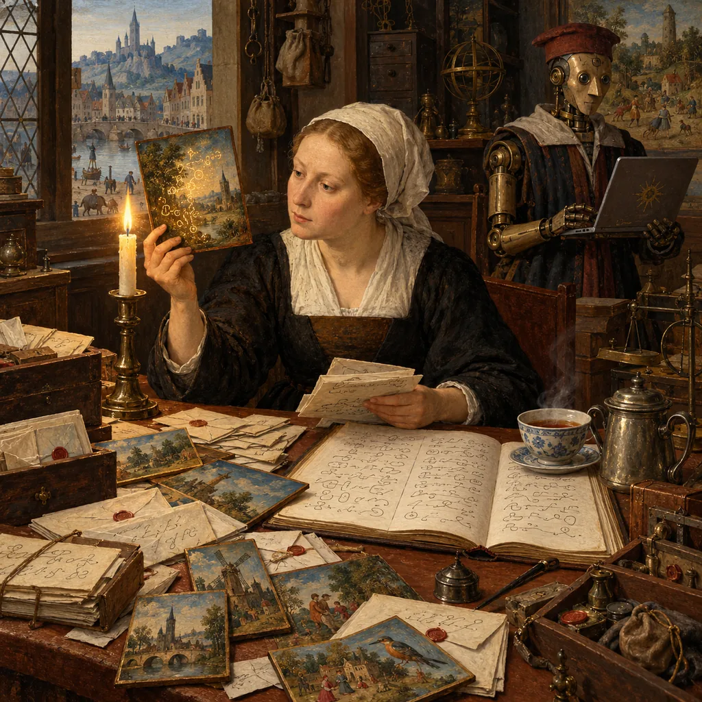 A Flemish-style counting house where a woman holds a small painting to a candle and finds hidden writing on it, while a two-column ledger, a cup of tea and a mechanical clerk with a laptop wait on the desk beside her.