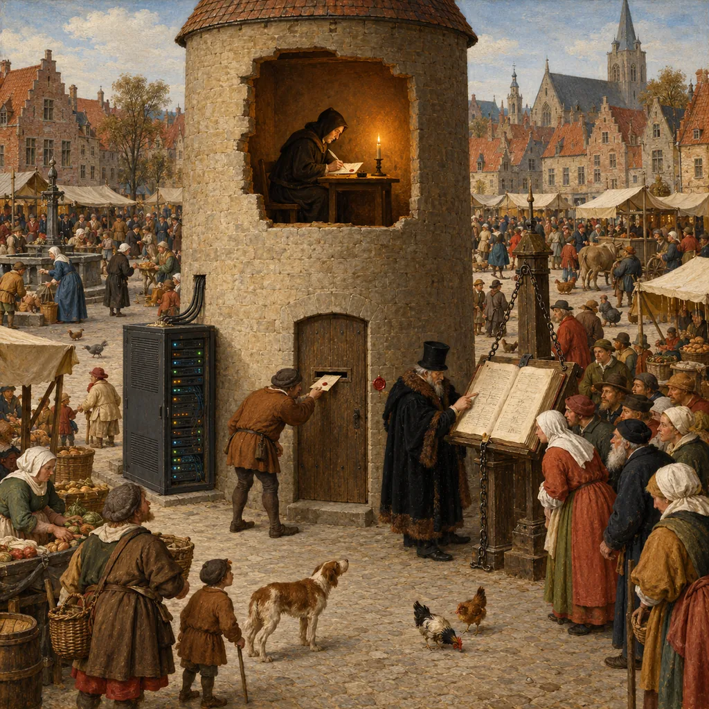A crowded Flemish-style market square with a windowless stone tower at its centre. A villager posts a sealed letter through a slot, a hooded scribe inside translates it in a bare room, and a notary checks the tower's seal against a huge public ledger chained to a post while a server cabinet glows at the tower's base.