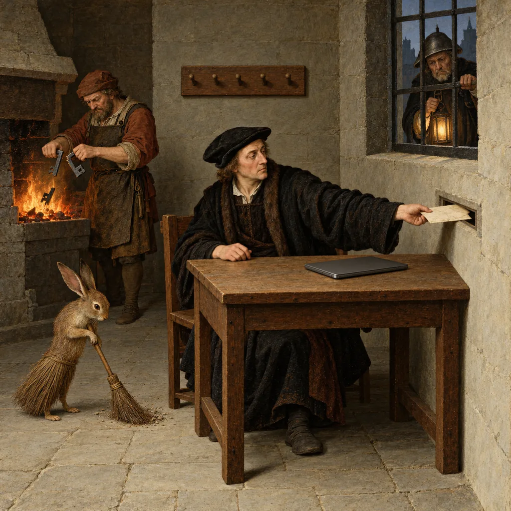 A Bosch-style stone workroom where a scribe hands back a translated letter, a locksmith snaps an iron key and drops it in a fire, a rabbit-like creature sweeps the floor, and a night watchman outside a barred window finds no door handle.