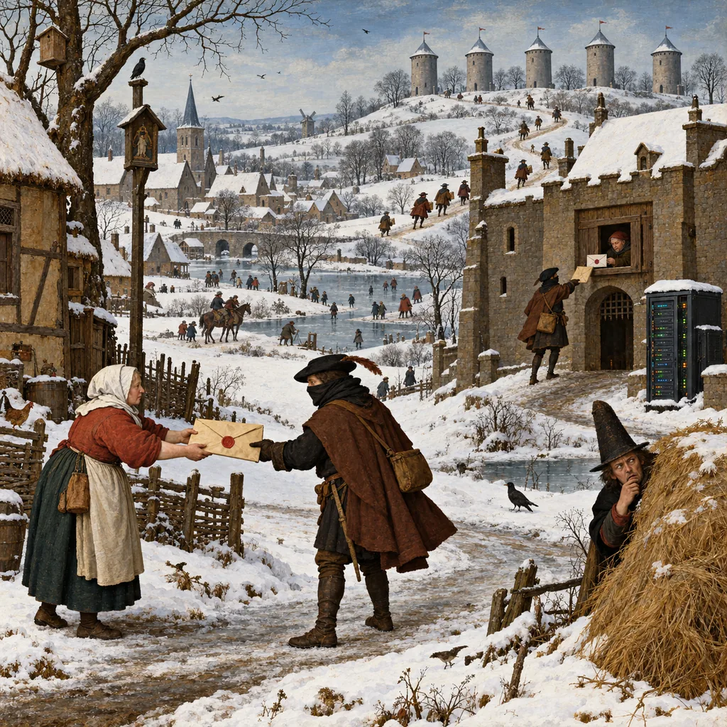 A Bruegel-style winter village where a woman hands a double-sealed letter to a masked courier, a porter at a gatehouse opens only the outer envelope and passes the inner one to one of several identical towers, and a confused spy watches from behind a haystack.