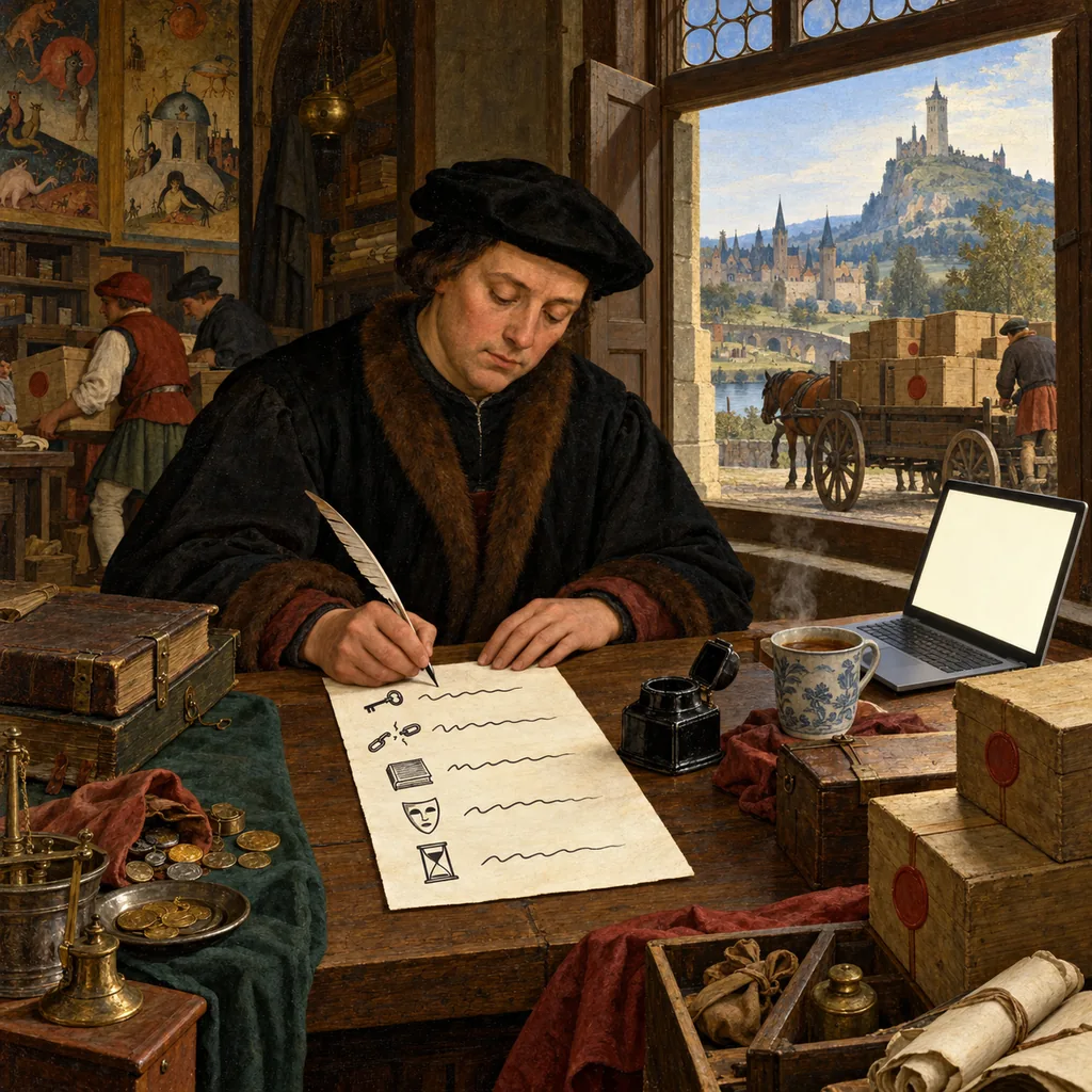 A Flemish-style counting house where a clerk writes five questions marked with small pictograms of a key, a broken chain, a ledger, a mask and an hourglass, while a cart waits outside to take sealed boxes to a distant tower and a cup of tea steams on the desk.