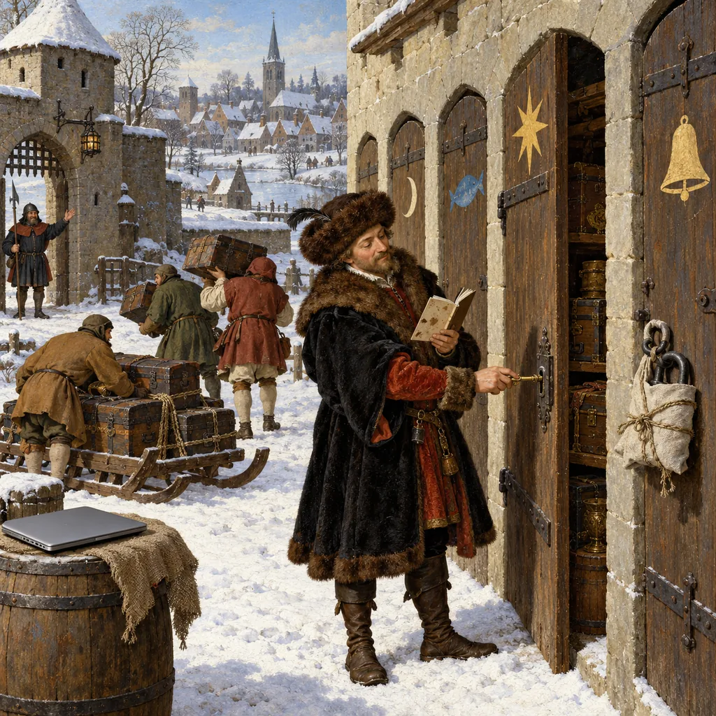 A Bruegel-style snowy village where a thief in a fur hat opens a storehouse door with a brass key from a grubby notebook, porters carry chests to a sledge, a guard waves politely from the gatehouse, and an unused padlock in its wrapping hangs beside the door.
