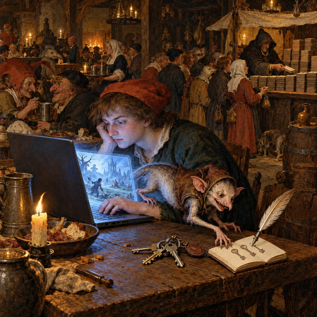 A Bosch-style tavern where a young man plays on a laptop while a rat-like quill creature crawls out and copies his keys into a notebook, and in the background a hooded merchant sells stacks of identical notebooks to a queue of buyers.