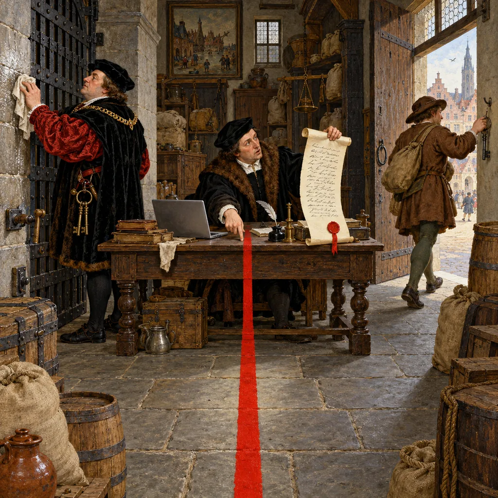 A Flemish counting house split by a painted line, where the owner polishes strong walls on one side, a tenant hangs his key by an open door on the other, and a clerk holds up a contract pointing at the line while both ignore him.