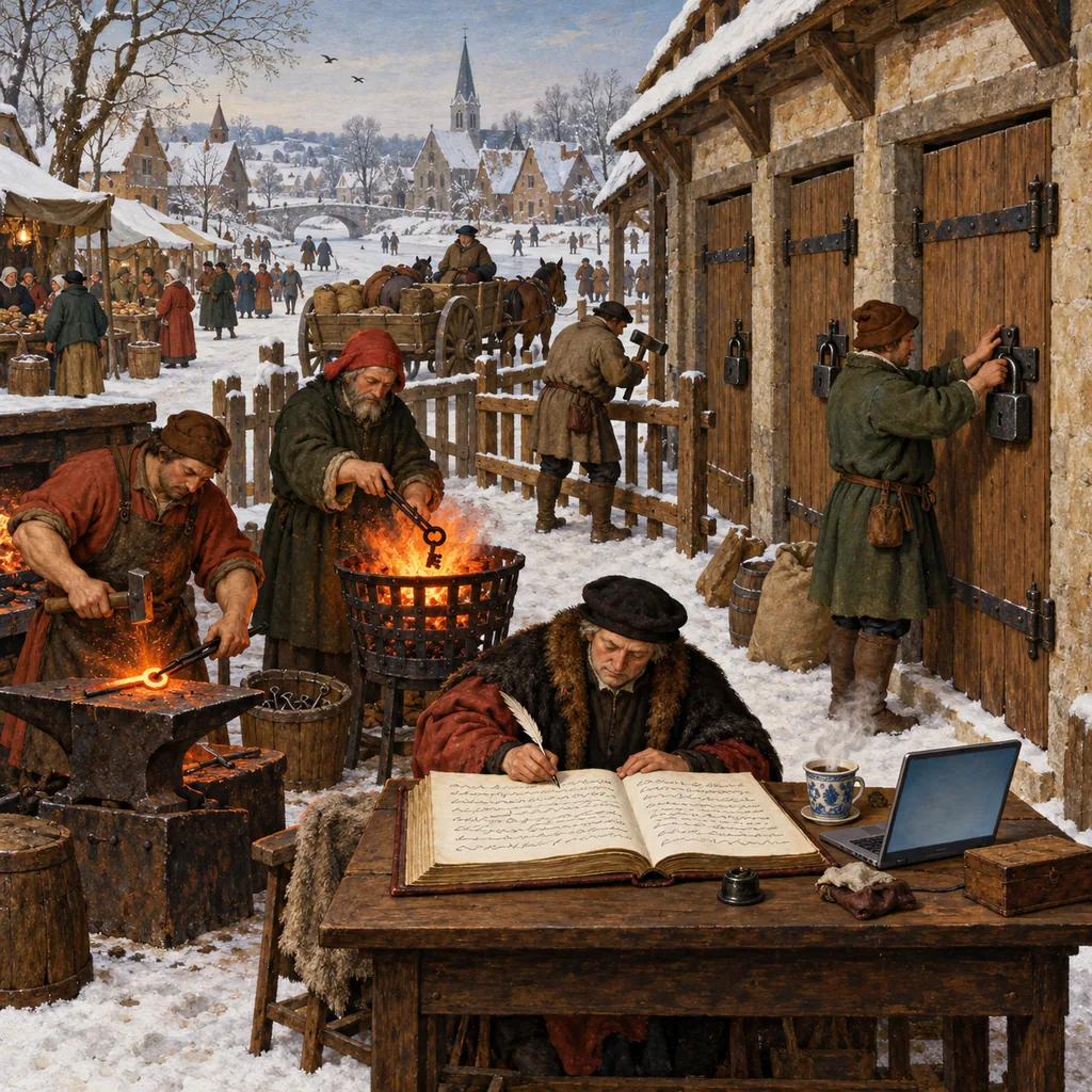 A Bruegel-style winter market where villagers fit second padlocks, burn old keys and forge new ones, build a short fence to the village road, while a clerk logs every visitor beside a steaming cup of tea and a laptop.