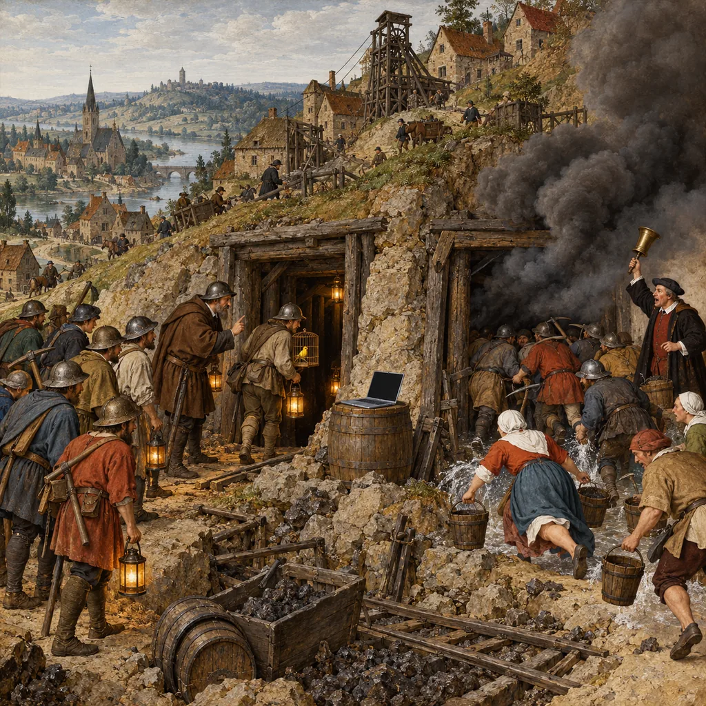 A Bruegel-style mining village with two mine entrances. At one, a single miner goes in first with a caged canary while the others wait; at the other, every miner has gone in at once and smoke pours out as villagers run with buckets. A laptop sits on a barrel between them.