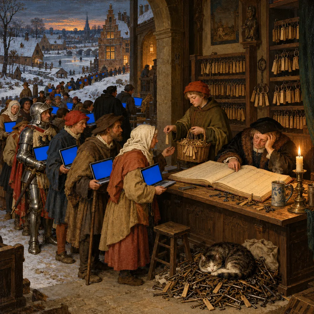 A Flemish-style counting house where a long queue of people, each holding a blue-screened laptop, waits for a tired clerk who searches a huge ledger of keys by candlelight while an apprentice hands out small sticks on strings.
