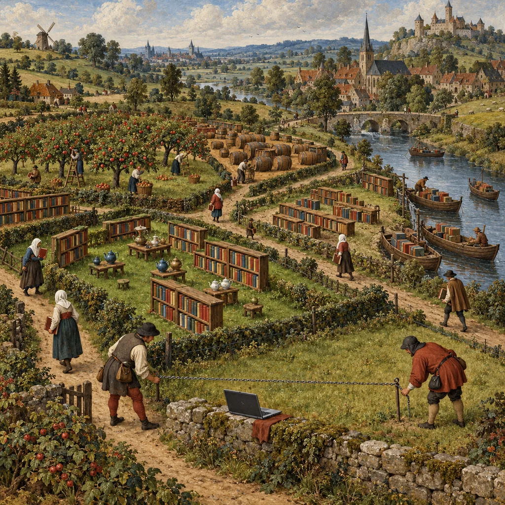 A Bruegel-style landscape where library shelves are laid out like fields and hedgerows, with tea books in one field, boat books by a river and apple books beside cider books, while peasants carry books along the paths and a surveyor measures the distance between two fields with a chain.