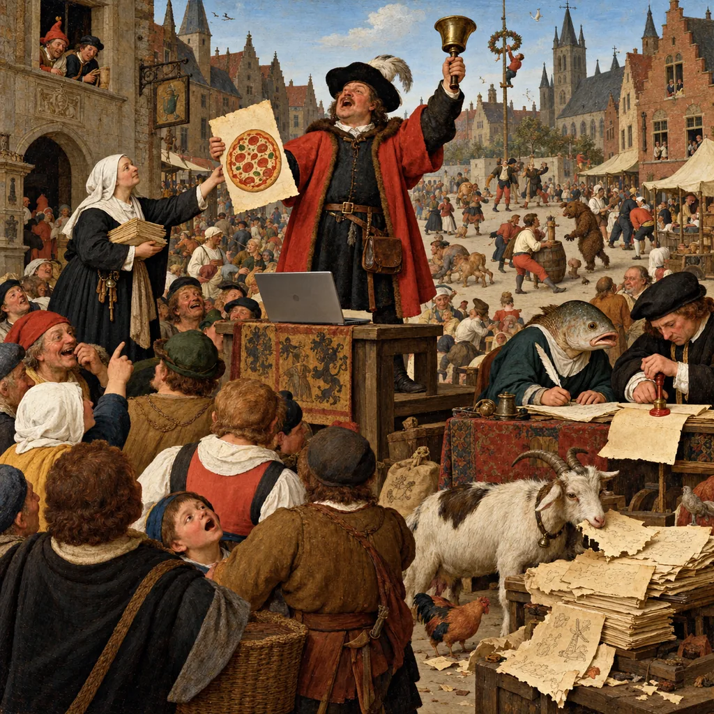 A Bosch-style town square where a town crier solemnly reads a joke pamphlet to a crowd, a scribe glues a real wax seal onto a letter a fish-headed clerk is still inventing, and a goat eats pages from a stack of old notices.