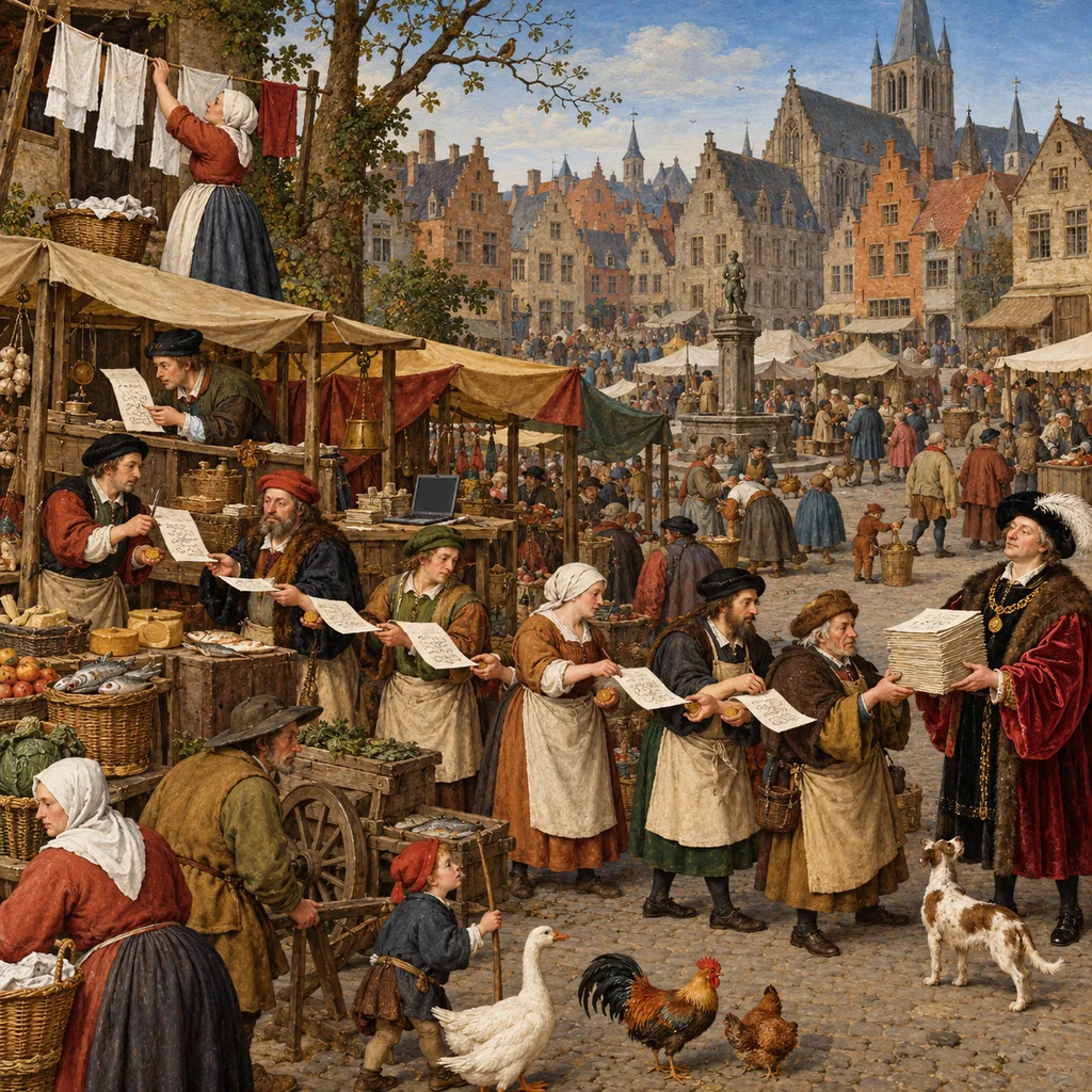A Bosch-style market square where merchants pass a bundle of papers along a chain of stalls, each adding a page and taking a coin, from a villager hanging washing at one end to a buyer in a fine hat at the other, with a laptop on one stall.
