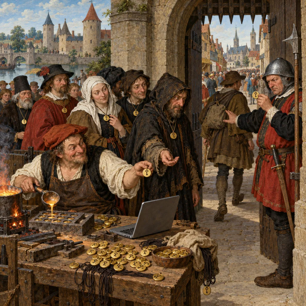 A Flemish town gate where a gatekeeper waves people through on sight of a brass token on a cord, while beside the gate a grinning forger casts identical tokens from a mould and hands them to a queue of shady characters, with a laptop on his bench.