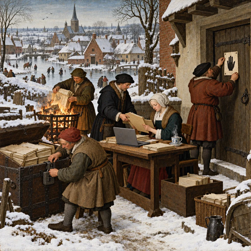 A Bruegel-style winter village where villagers lock a chest of papers, burn old ledgers in a brazier, read their own folder handed over by a clerk, and pin a notice to a door, beside a steaming cup of tea and a laptop.