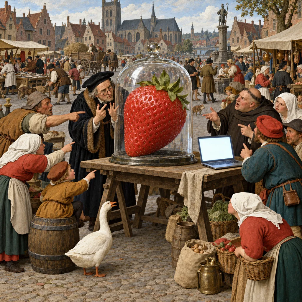 A crowded Flemish-style market square where a robed scholar counts on his fingers in front of a giant strawberry sealed inside a glass bell jar, while villagers, a goose and a monk point and argue, and an open laptop sits on the trestle beside it.
