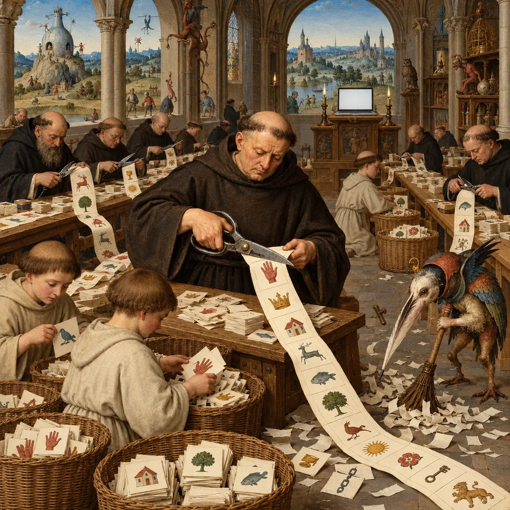A Bosch-style scriptorium where monks cut a long scroll into short strips with shears, apprentices sort the strips into baskets, a quill-beaked creature sweeps the floor and a laptop sits on a lectern.