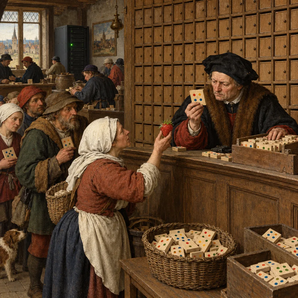 A Flemish-style counting house where a clerk files painted wooden tiles into a wall of small doors, ignoring a peasant who holds up a real strawberry, while a server cabinet glows in the corner.