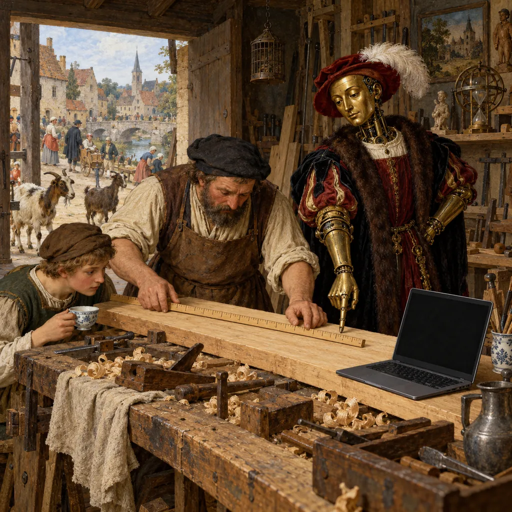 A Bruegel-style workshop where a carpenter measures a plank with a ruler while a brass-faced automaton points confidently at the wrong mark, an apprentice with a teacup watches the ruler, and goats wander in.