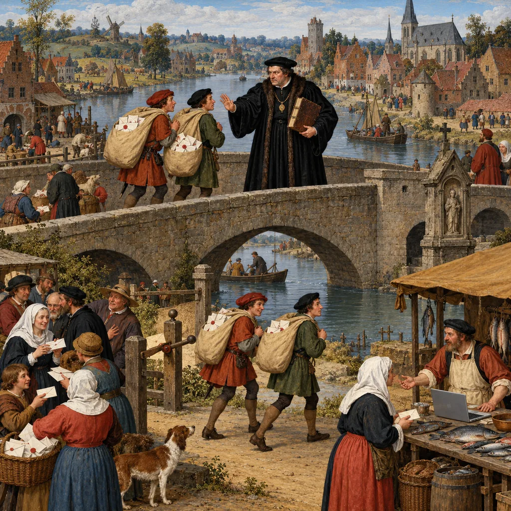 A Flemish river town where a magistrate with a ledger stops clerks carrying sacks of letters on the bridge, while on the near bank the same clerks walk freely past a small lever on a post.