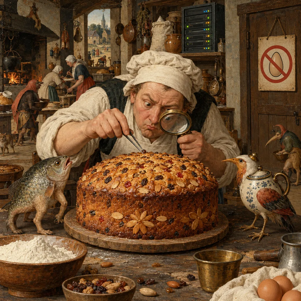 A Bosch-style kitchen where a baker tries to remove a single egg from a finished cake with tweezers while odd hybrid creatures watch, a server cabinet sits on a shelf, and a no-eggs sign hangs on the door.