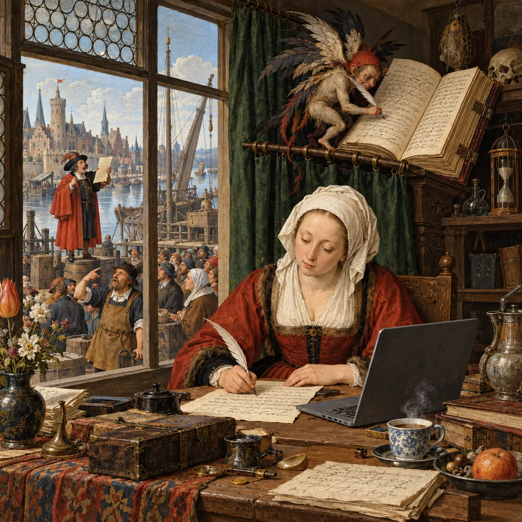 A Flemish counting room where a woman finishes a letter beside a cup of tea, an imp on the curtain rail copies it into a large book, and outside a crier reads it to a crowd where one man seems to recognise the story.