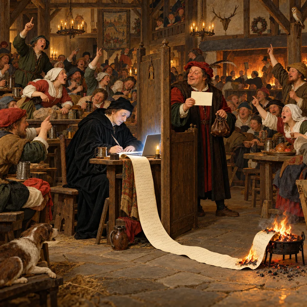 A Flemish-style village quiz hall where a robed contestant writes on a long scroll behind a wooden screen while its end burns in a brazier, a quizmaster waits with a card and a coin purse, peasants shout with raised hands, and an open laptop glows on the contestant's table.