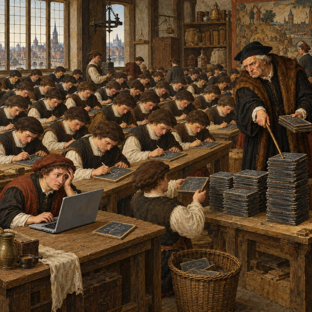 A crowded Flemish-style counting house where rows of identical clerks work the same sum on slates, an elder sorts the slates into piles and points at the tallest one, and a lone clerk with a laptop in the corner looks worried.