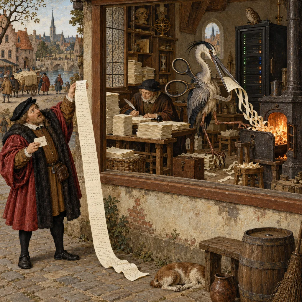 A Bosch-style workshop where a scribe writes pages that a heron-headed creature with scissor legs cuts up and burns, while outside the window a merchant holds a small folded note in one hand and a very long bill in the other, and a server cabinet stands inside like a wardrobe.