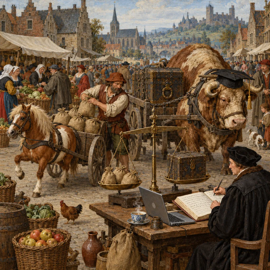 A Flemish-style market where a farmer loads small sacks onto a quick pony and a heavy chest onto a slow ox wearing a scholar's cap, while a clerk weighs each load at a table with a ledger, a laptop and a steaming cup of tea.