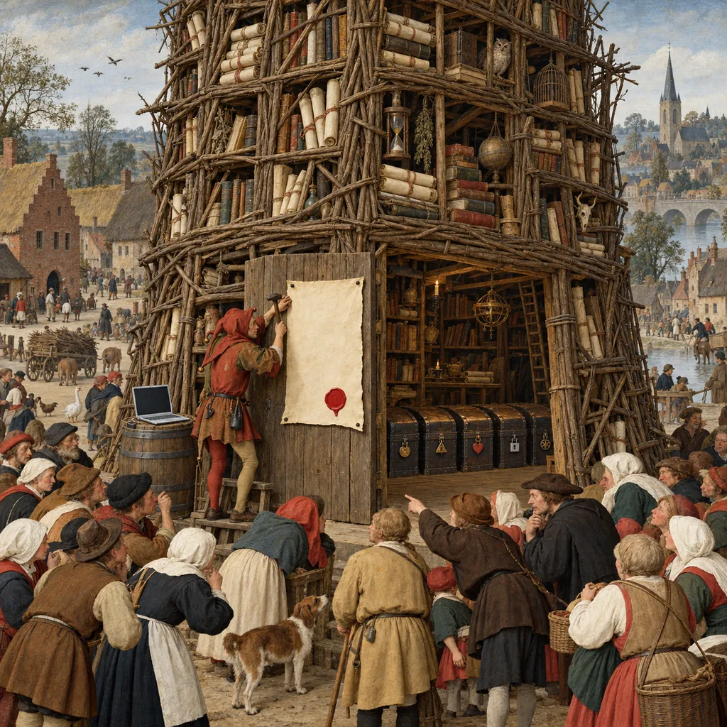 A crowded Flemish-style village where a tall library tower built of bundled sticks leans over the square. A hooded figure has nailed a sealed notice to its door while villagers point, and inside, a row of iron-bound chests sits untouched, each with its own small padlock. A laptop sits on a barrel by the door.