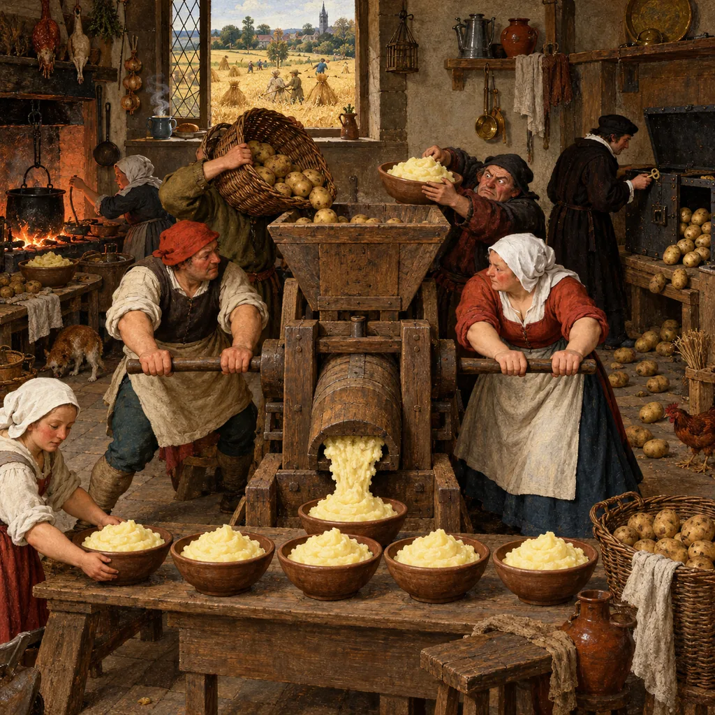 A Bruegel-style kitchen where cooks turn whole potatoes into bowls of mash with a great wooden masher, while a thief tries in vain to push mash back in to get a potato out. Across the room, a clerk opens a strongbox with a key and whole potatoes roll out.