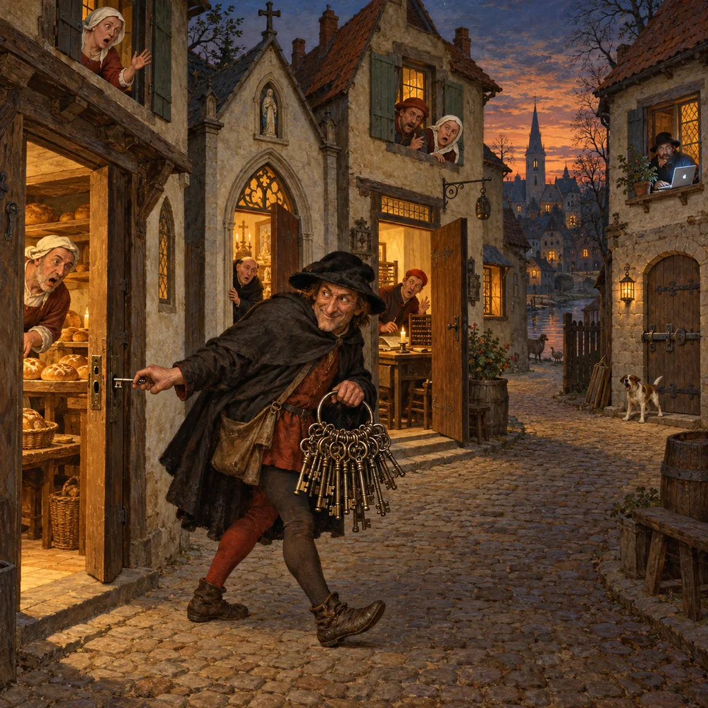 A Flemish-style village street at dusk where a sly figure carries a huge ring of copied keys and tries the same key in every door. Three doors have already opened, while a house at the end with a second bolt and a small dog stays shut.