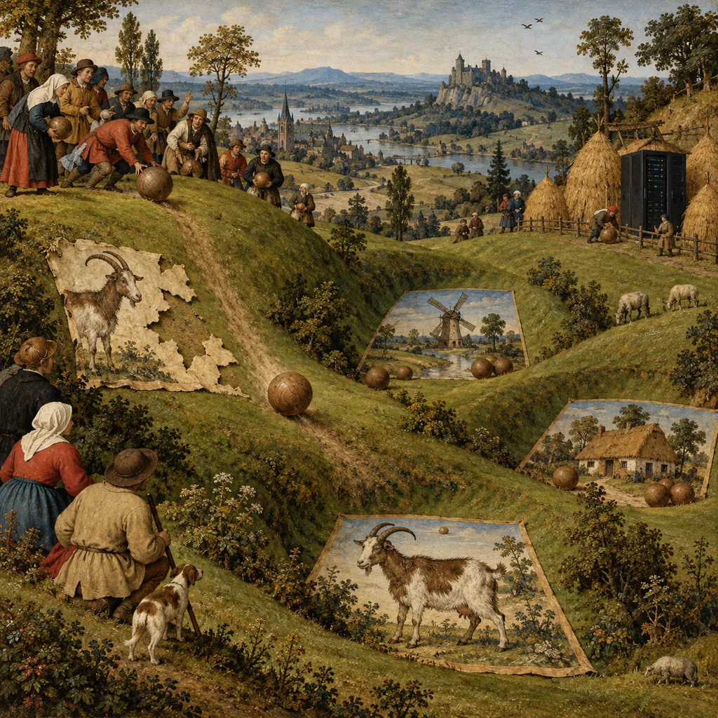 A Flemish-style hillside where villagers roll wooden balls down into hollows, each holding a large painted picture of a goat, a windmill or a cottage, while one ball rolls from a torn picture towards its complete match and a server cabinet stands among haystacks.