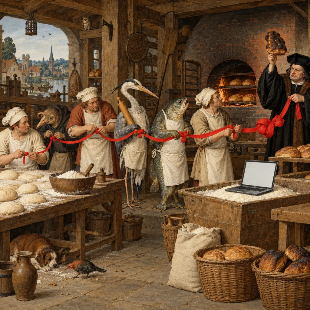 A Bosch-style bakery line where an inspector holds up a burnt loaf and a red ribbon is passed back from baker to baker, including a heron with a rolling pin and a fish in an apron, each tying a knot of a different size, while a laptop sits on a flour bin.