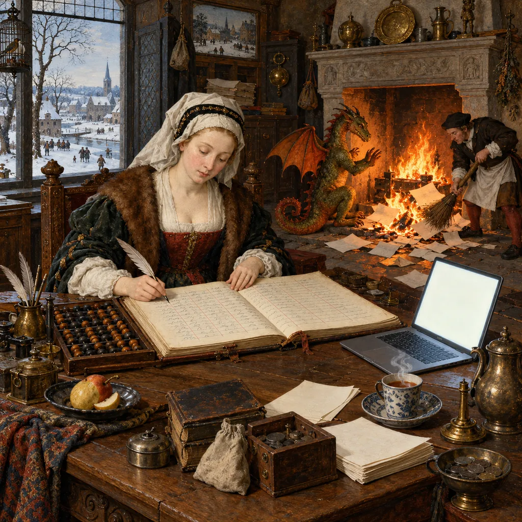 A Flemish-style counting room where a woman works at a ledger with an abacus, a quill and an open laptop, while behind her a small dragon sets papers alight at the fire and a clerk beats out the flames, and a cup of tea steams on the desk.