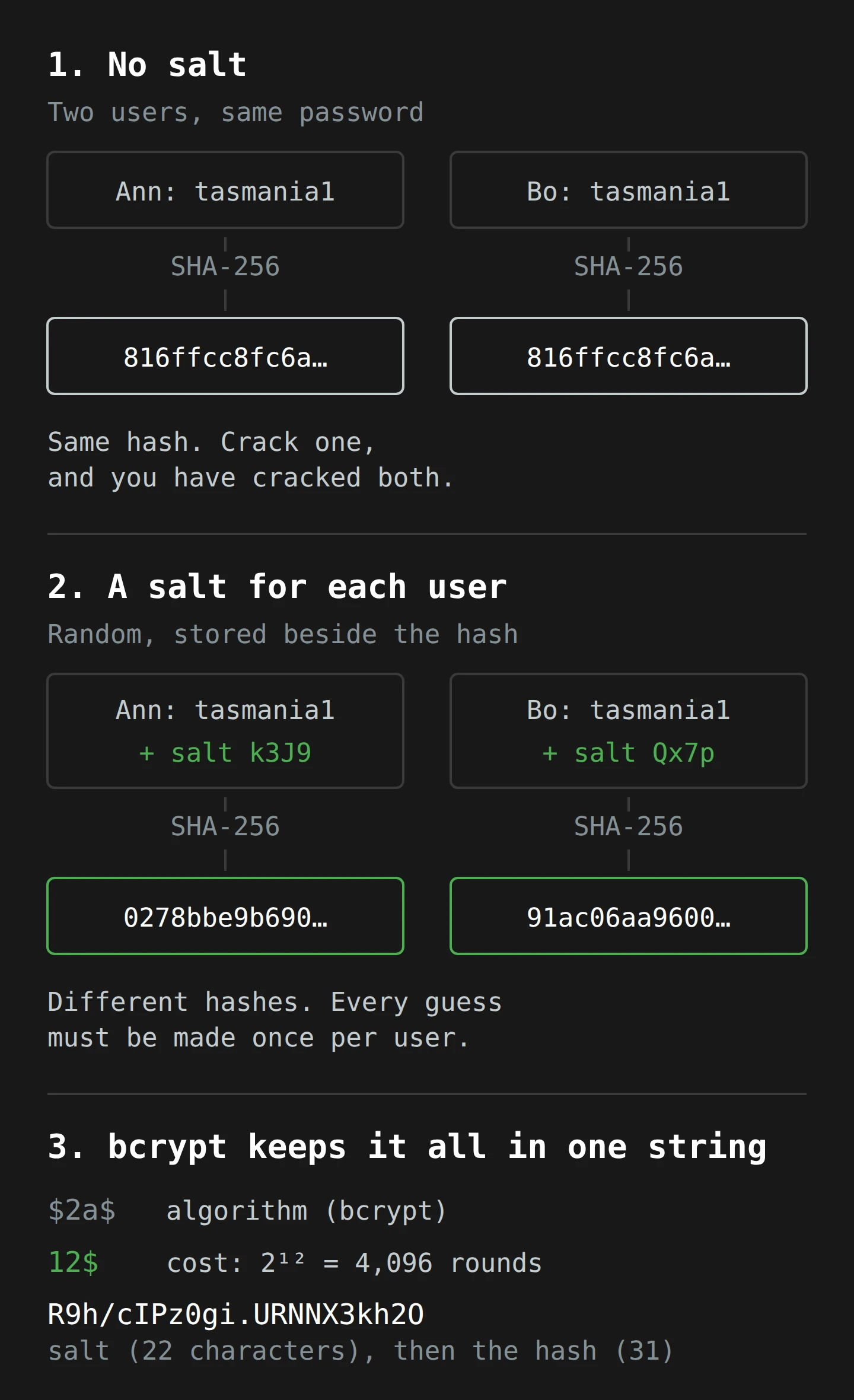 Three panels. Without salt, two users with the password tasmania1 get the same SHA-256 hash, so cracking one cracks both. With a different random salt for each user, the same password gives two different hashes. A bcrypt string stores the algorithm, the cost and the salt in front of the hash.
