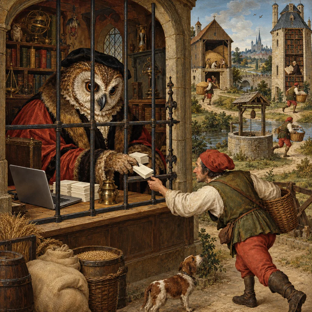 A Bosch-style counting house where an owl-headed scribe behind a grille passes folded notes through a slot to a runner, who carries them to a granary, a well and a library tower and brings back baskets, while a laptop sits on the scribe's desk.