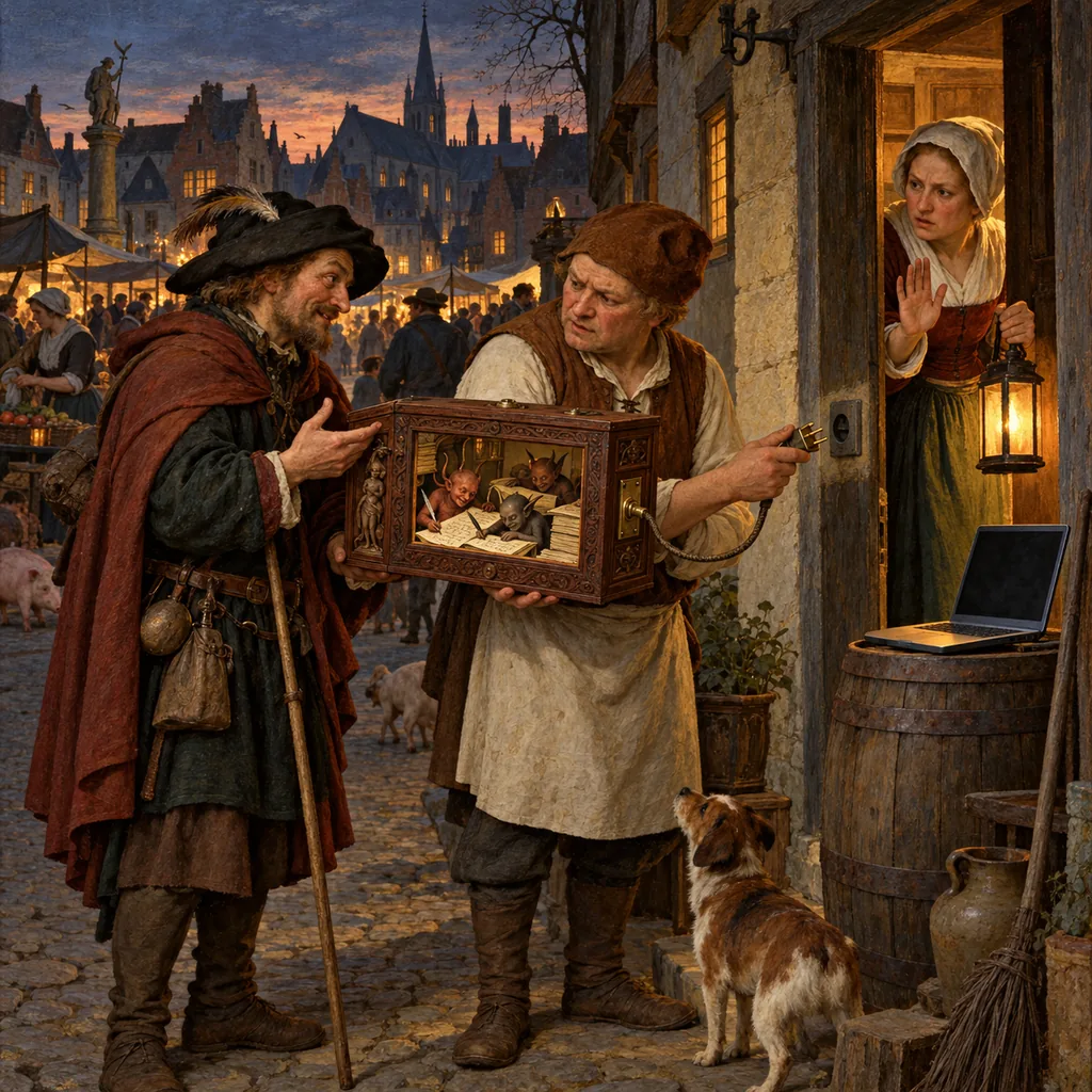 A Flemish market square at dusk where a traveller hands a villager a carved box with a plug, tiny imps inside the box copy ledgers, and a woman with a lantern in the doorway raises her hand to stop him, beside a laptop on a barrel.