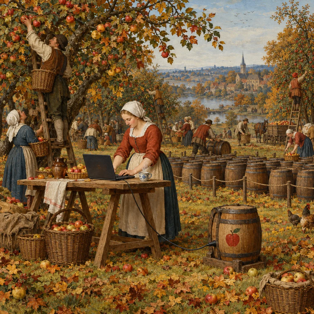 A Bruegel-style apple orchard where a woman at a trestle table connects her laptop by one cord to a single small barrel, while many other barrels stand behind a rope, pickers fill baskets on ladders, and a cup of tea steams beside her.