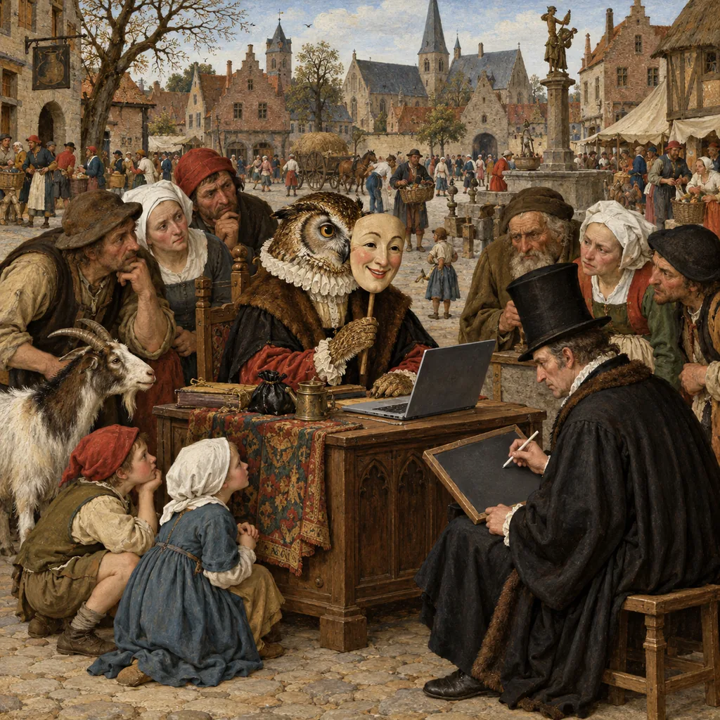 A Flemish-style village square where an owl-headed clerk at a desk holds a smiling mask in front of its face for a stern inspector with a slate, while from the side its real, wary expression shows, a laptop sits open on the desk and villagers and a goat look on.