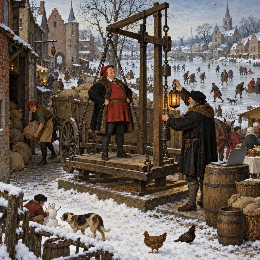 A Bruegel-style winter market where an official with a lantern weighs a merchant's cart on a public scale while the smiling merchant poses, and behind the official's back an apprentice unloads heavy sacks into an alley, beside a laptop on a barrel.