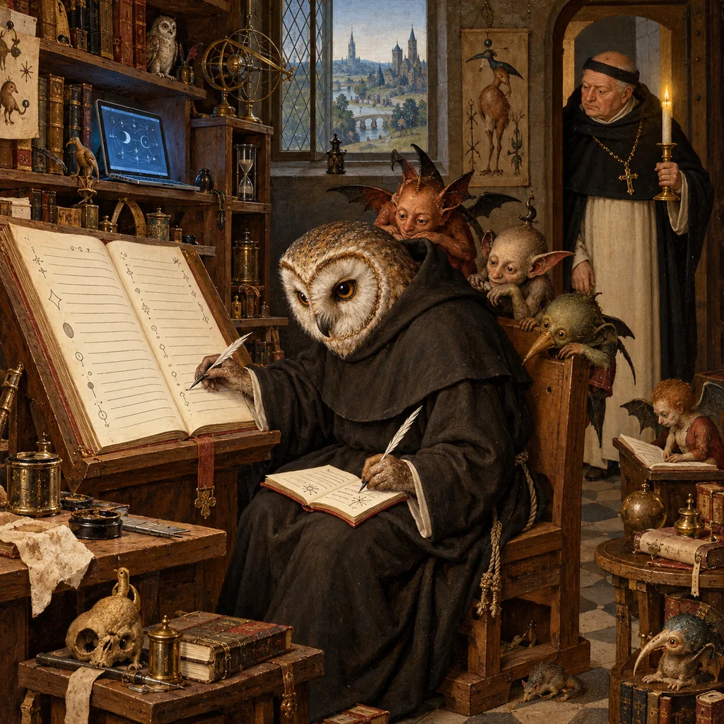 A Bosch-style scriptorium where an owl-headed scribe writes in a neat ledger on the lectern for an abbot at the door, while a small private notebook in his lap is read by tiny imps peering over his shoulder, and a laptop glows on a shelf.